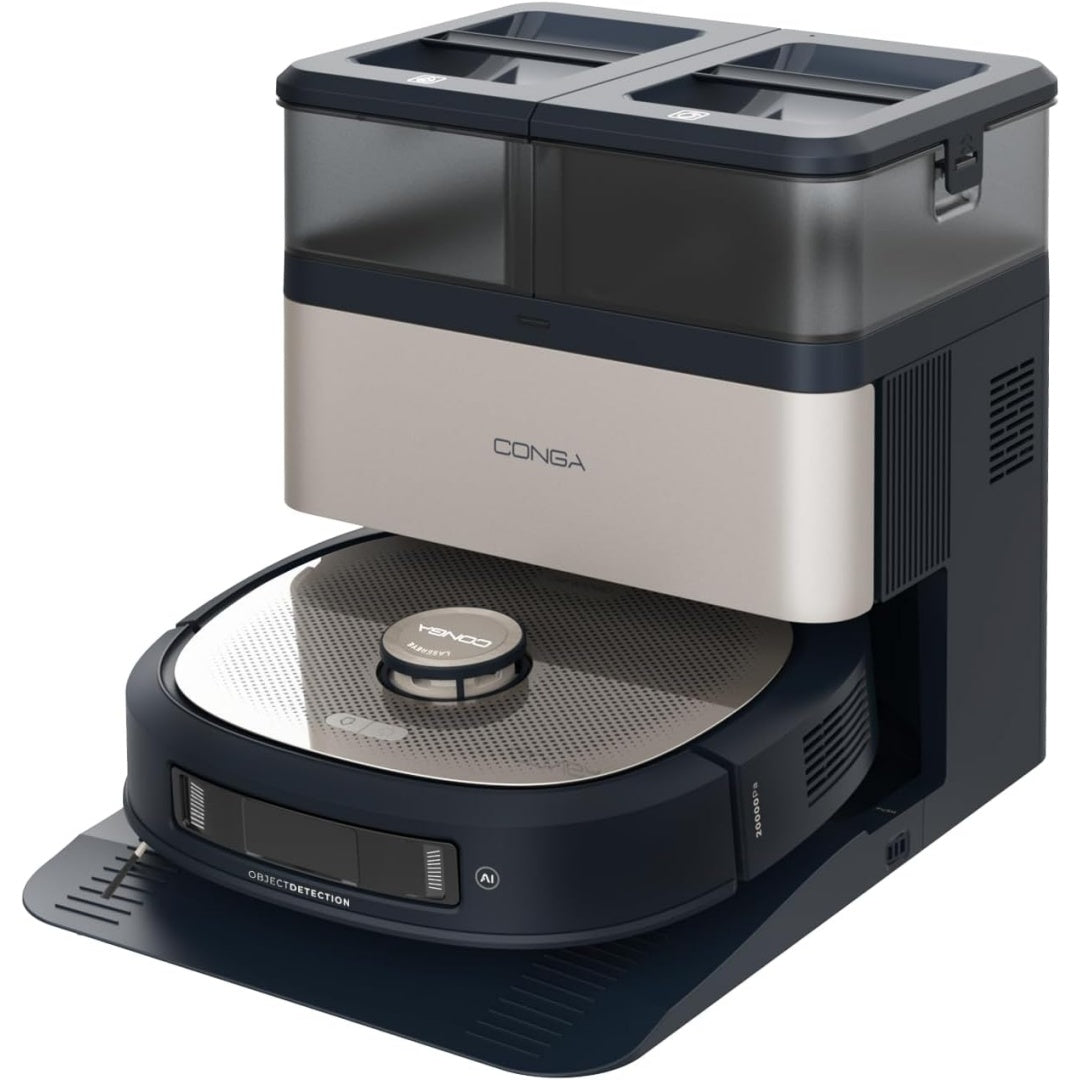 Aspirateur robotise avec collecteur associant la collecte de la poussiere au coloris noir et gris