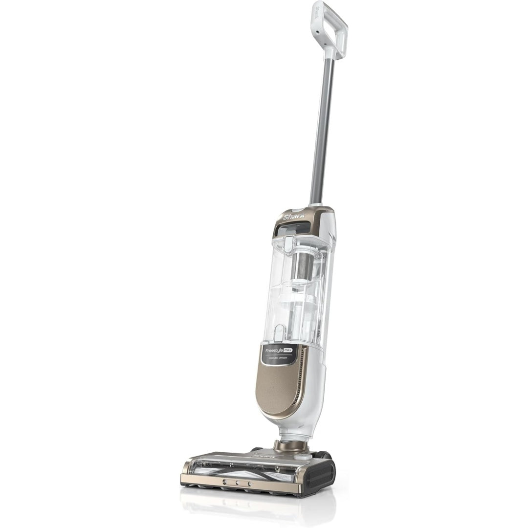 Aspirateur vertical associant la collecte sans sac au coloris gris et blanc